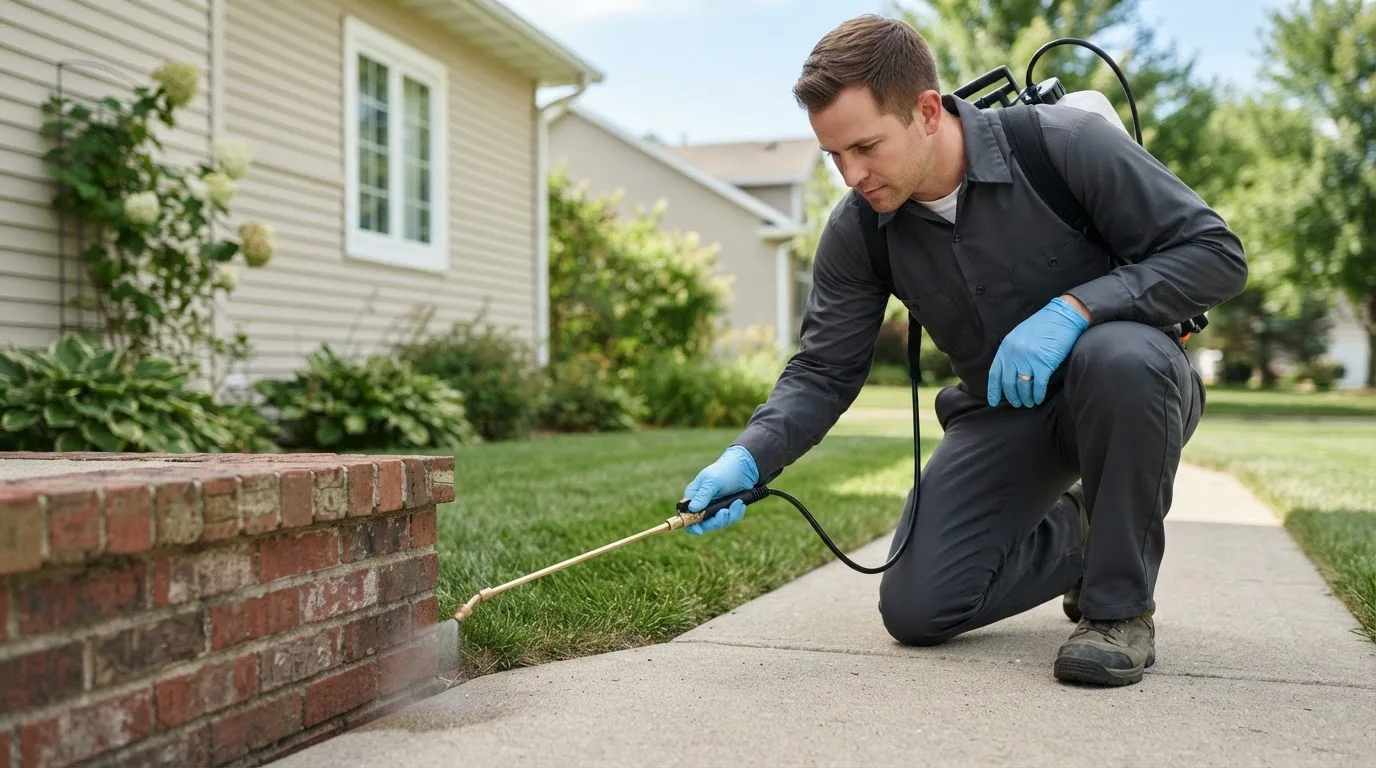 Pest control technician treating a home near Curryville, MO