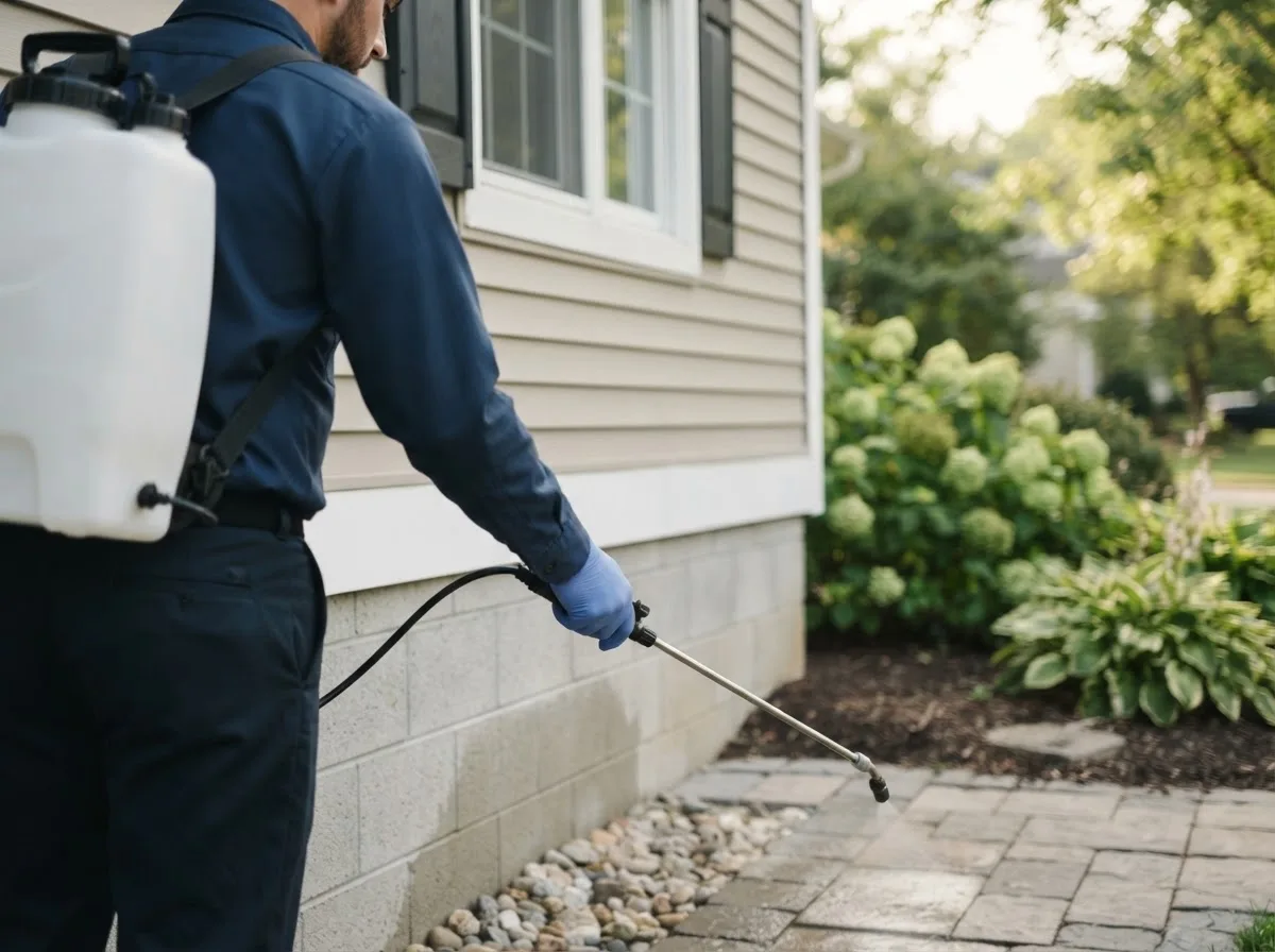 Pest control technician inspecting a home in Curryville, MO